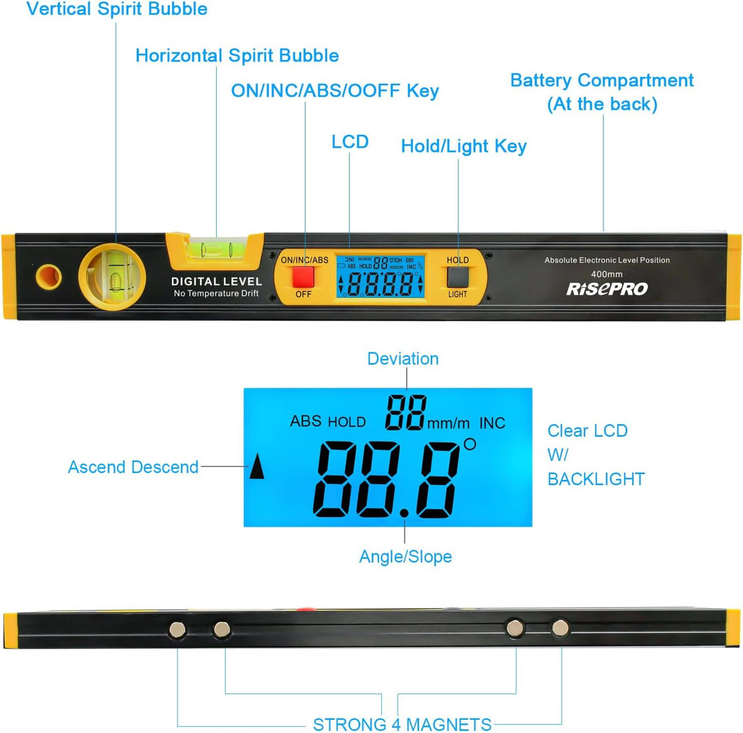 Neigungsmesser, RISEPRO Digitale Neigungsmesser Winkel Finder Gauge Spirit Level aufrecht Magnet 360