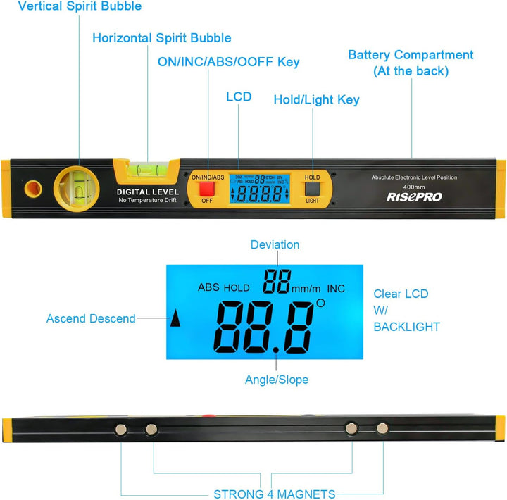 Neigungsmesser, RISEPRO Digitale Neigungsmesser Winkel Finder Gauge Spirit Level aufrecht Magnet 360