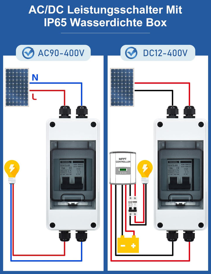 DIHOOL PV sicherungsautomat, PV Anlage DC Trennschalter IP65 Leistungsschalter Solaranlage, 500V, 10
