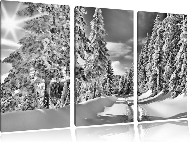 Pixxprint Monocrome, Winterlandschaft Bäume 3-Teiler Leinwandbild 120x80 Bild auf Leinwand