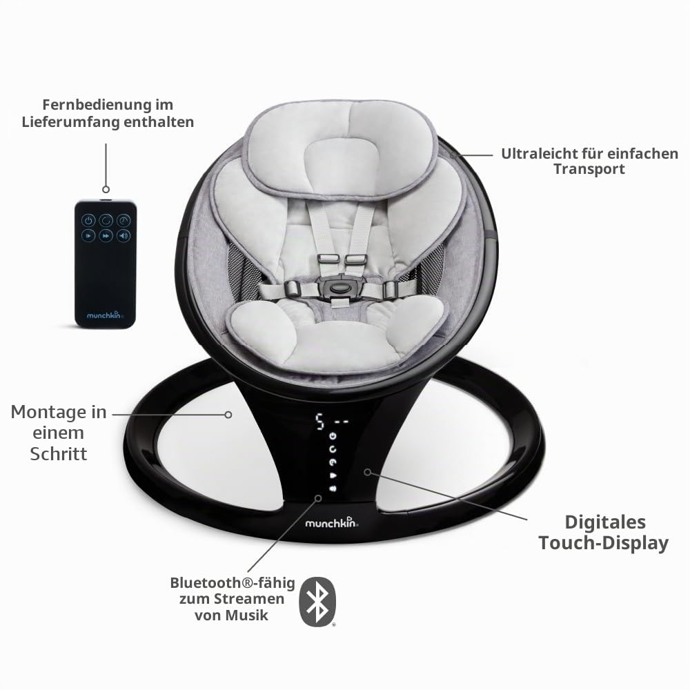 Munchkin Bluetooth-fähige, leichte Babywippe/Babyschaukel mit natürlicher Schaukelbewegung in 5 Bewe