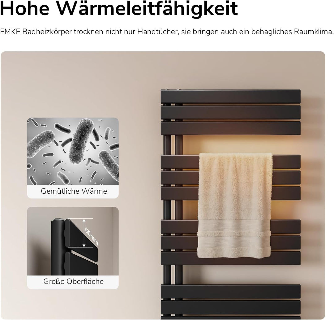 EMKE Badheizkörper Flach 1599x600 mm, Handtuchheizkörper mit Seitenanschluss, Effizienter Handtuchwä