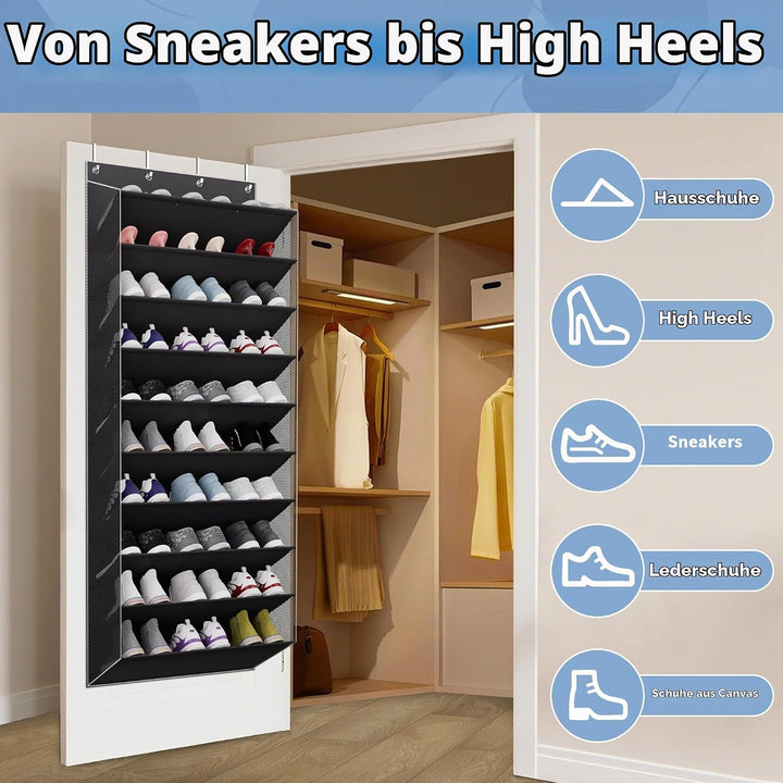 Hängender Schuh-Organizer für die Tür, 10 Ebenen – Verbreitertes Schuhregal Tür hängend mit Stützsta