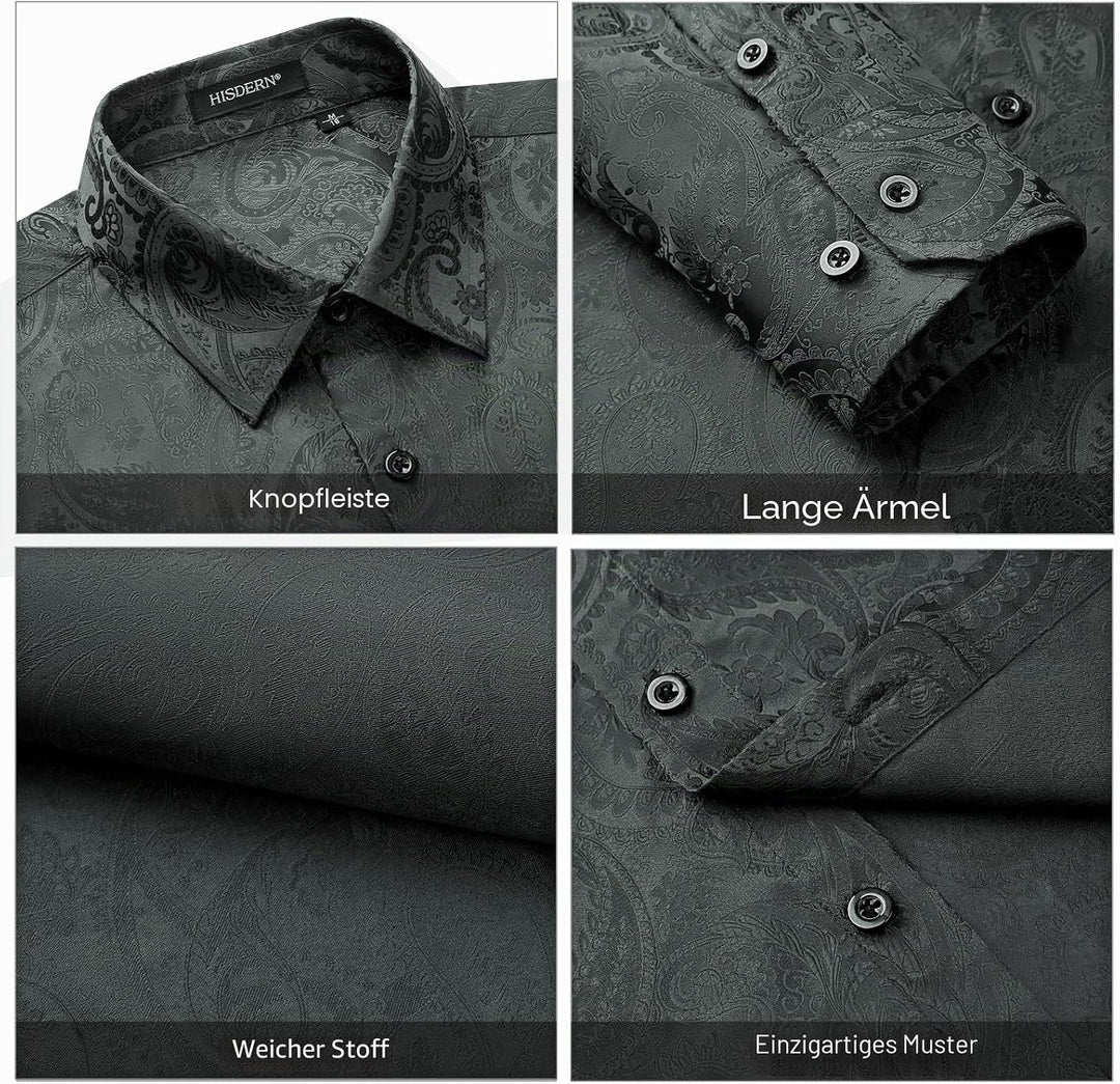 HISDERN Herren Paisley Hemd Langarm Satin Blumen Muster Hemd für Männer Jacquard Stickerei Freizeith