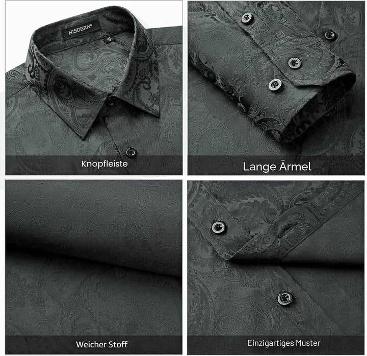 HISDERN Herren Paisley Hemd Langarm Satin Blumen Muster Hemd für Männer Jacquard Stickerei Freizeith