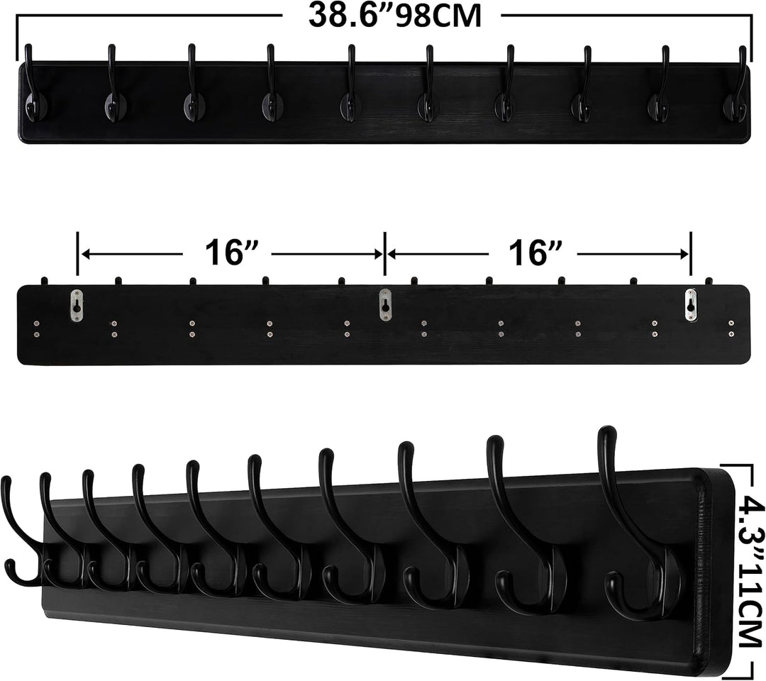 SKOLOO Garderobenleiste Holz Schwarz(2 Stück), 98 cm langer, hölzerner Kleiderhaken Wand, Rustikaler