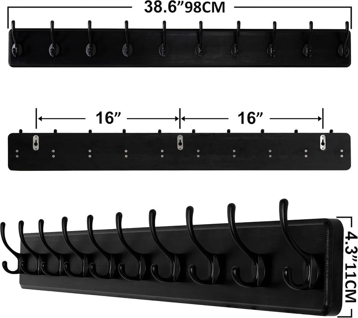 SKOLOO Garderobenleiste Holz Schwarz(2 Stück), 98 cm langer, hölzerner Kleiderhaken Wand, Rustikaler