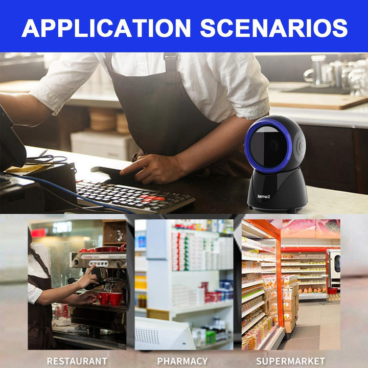 LENVII Desktop Freespeech Barcode Scanner, Omnidirectionele QR Code lezer 1D/2D/QR Code Scanner Kabe