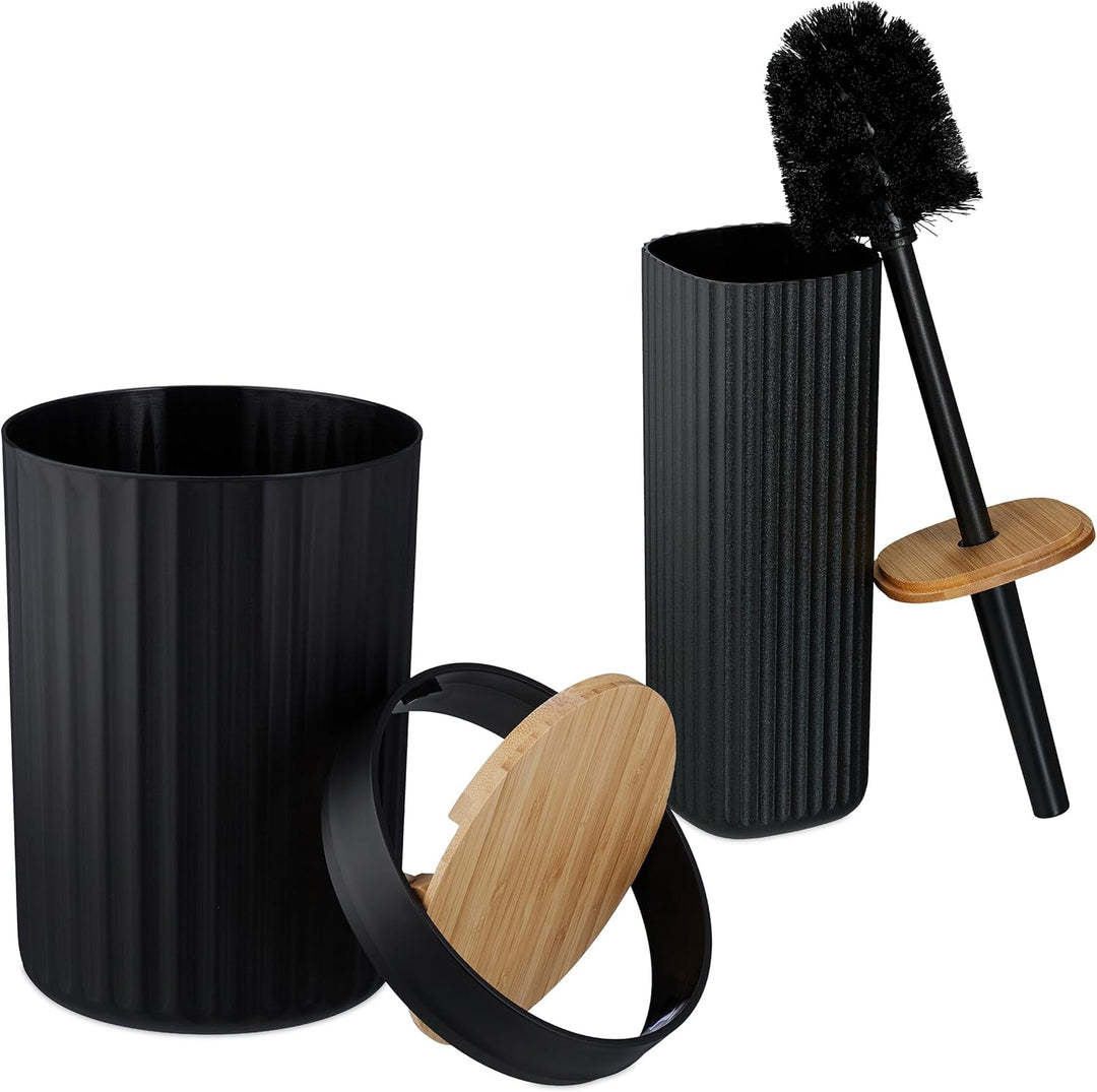 Relaxdays Badezimmer Set, 6-teilig, Badaccessoires Kunststoff & Bambus, komplettes Badzubehör-Set, B