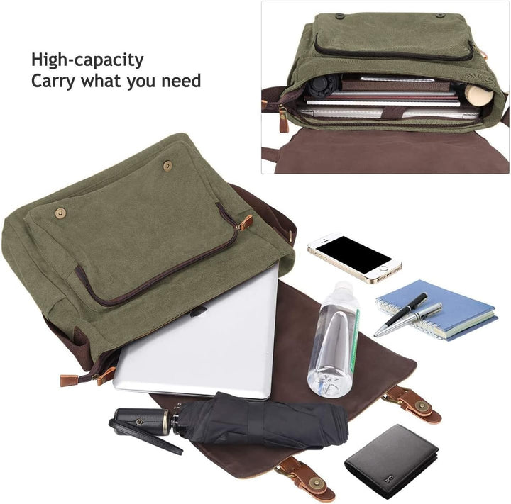 S-ZONE Herren Umhängetasche 15,6 Inch Grosse Vintage Canvas Messenger Bag Aktenktasche Schultertasch