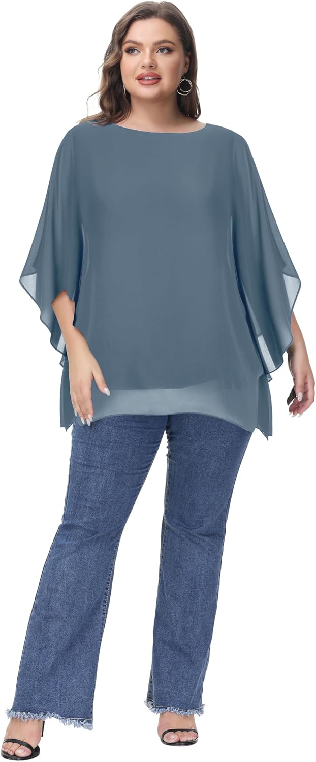 Hanna Nikole Damen Grosse Grössen Chiffon Blusen Elegant Fledermaus Hemd Doppellagige Tops Lose Long