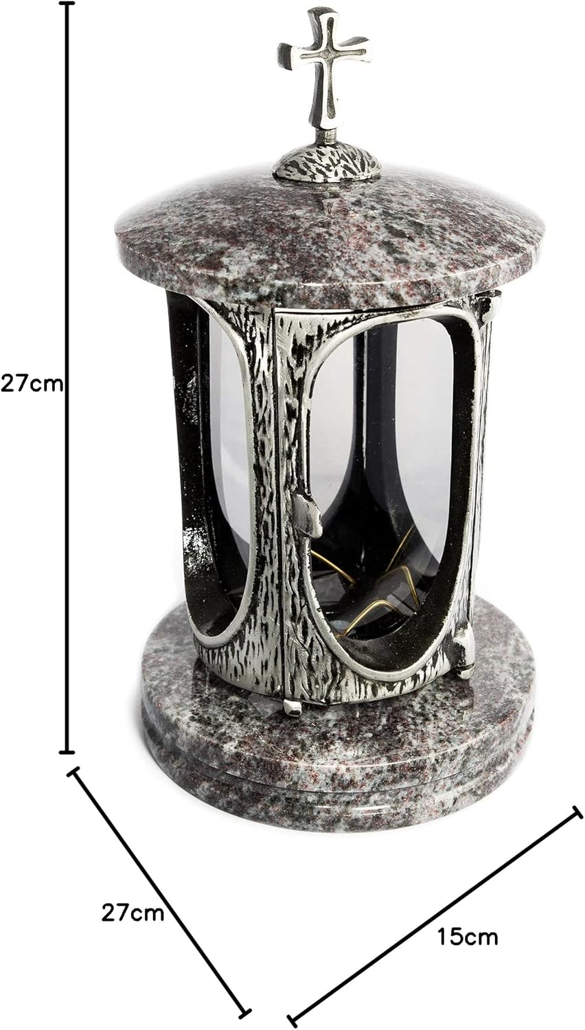 Stilvolle Grablaterne Anthrazit mit Kreuz Granit Orion hell Höhe 27 cm/Ø 15 cm Grableuchte Grablicht