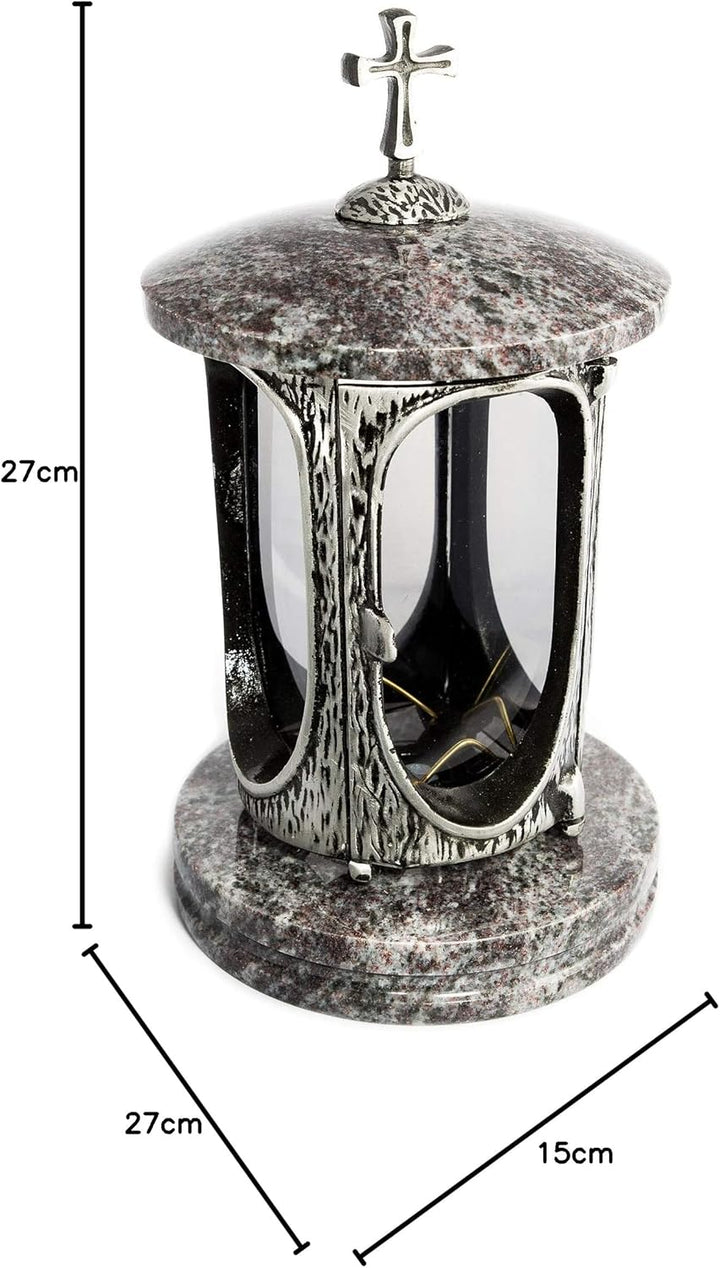 Stilvolle Grablaterne Anthrazit mit Kreuz Granit Orion hell Höhe 27 cm/Ø 15 cm Grableuchte Grablicht