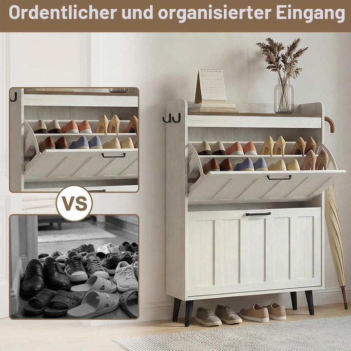 Schuhschrank Schmal mit 2 Klappschubladen, Landhausstil Schuhaufbewahrung für Flur Wohnzimmer, Kipps