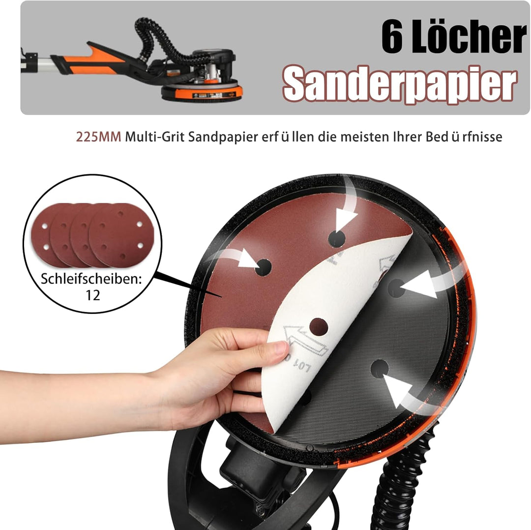 Trockenbauschleifer, Wand & Deckenschleifer,750 Watt max Drehzahl 1800 U/min Wandschleifer mit LED u