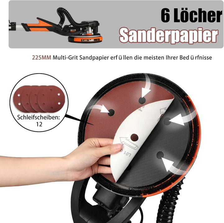 Trockenbauschleifer, Wand & Deckenschleifer,750 Watt max Drehzahl 1800 U/min Wandschleifer mit LED u