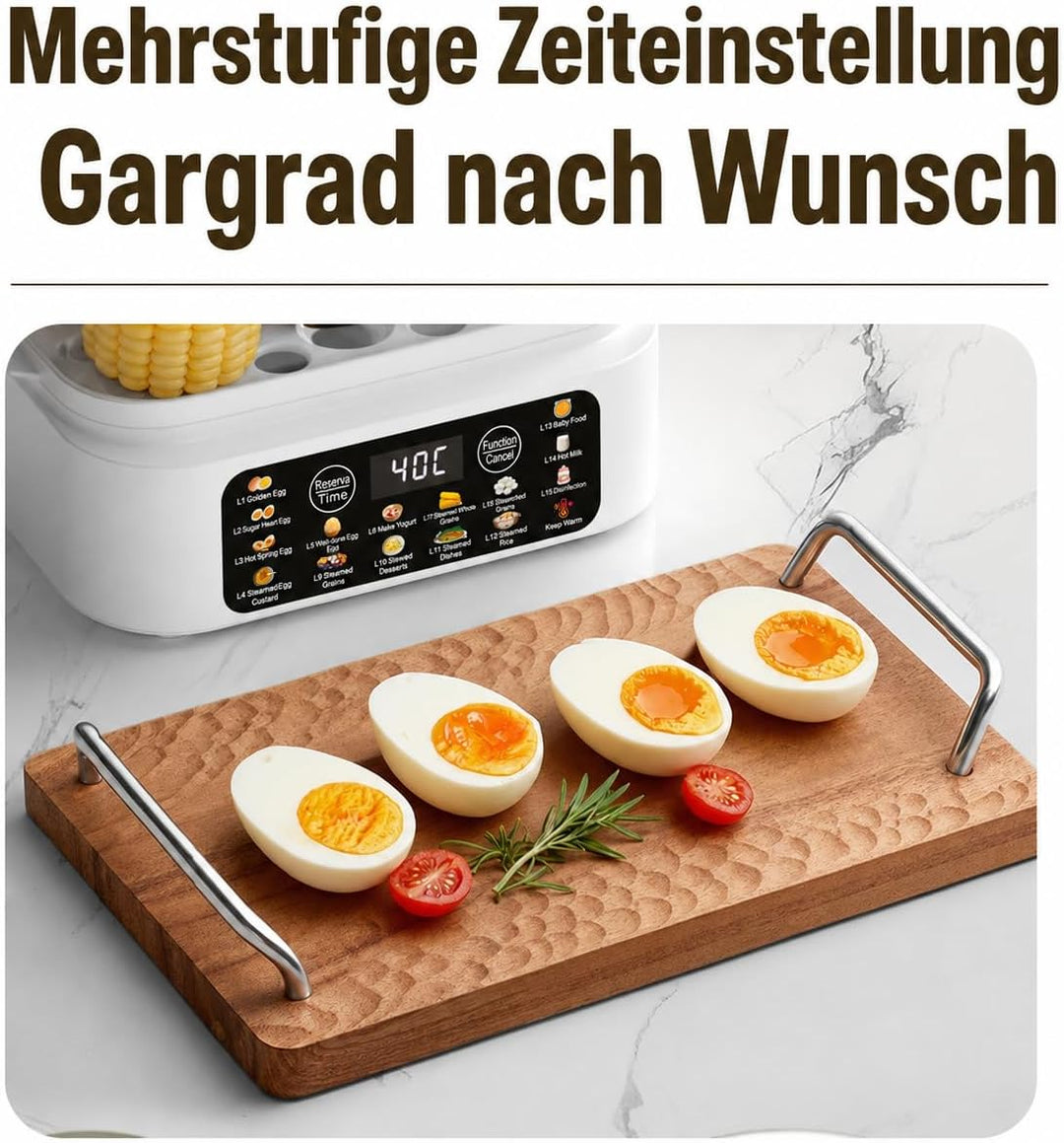 Eierkocher für 12 Eier, Multifunktions-Dampfgarer 2,5L mit 16 Programmen, 300W Eier Kocher mit Edels