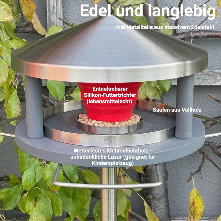 Vogelhaus mit Ständer wetterfest aus Edelstahl - Stabiles Vogelfutterhaus für draussen, modern aus M