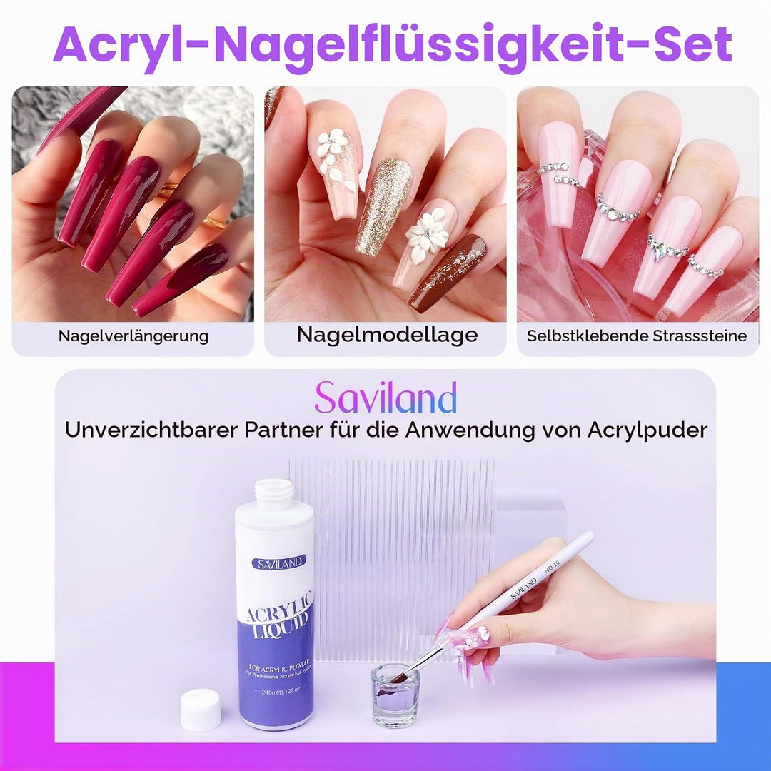 SAVILAND Acryl Liquid für Nägel – 240ML Acryl Liquid mit 3 Acryl Pinsel Grösse (8/10/14) für Acryl A