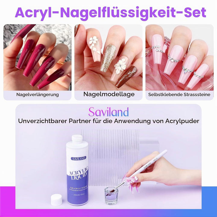SAVILAND Acryl Liquid für Nägel – 240ML Acryl Liquid mit 3 Acryl Pinsel Grösse (8/10/14) für Acryl A