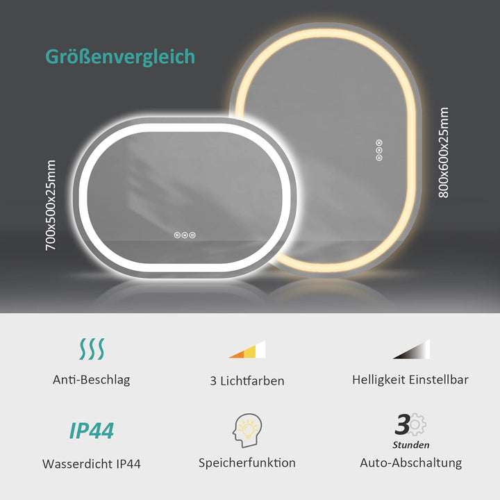 EMKE badspiegel mit Beleuchtung 80x60cm, Badezimmerspiegel mit Touchschalter, Beschlagfrei, 3 Lichtf