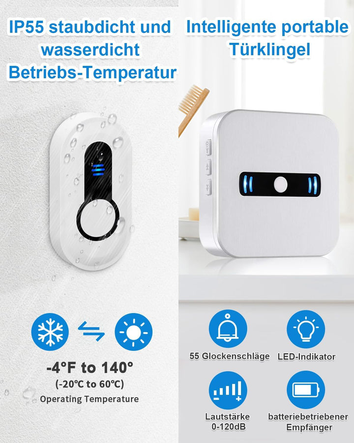 SANJIE Funkklingel Batteriebetrieben, Türklingel Funk mit 180 m Reichweite, IP55 Wasserdicht, 55 Mel