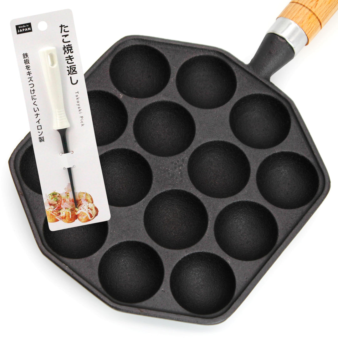 Takoyaki Pfanne aus Gusseisen mit Pick – 14 Mulden (3,5 cm) | Antihaft Takoyaki Maker | Octopus Ball