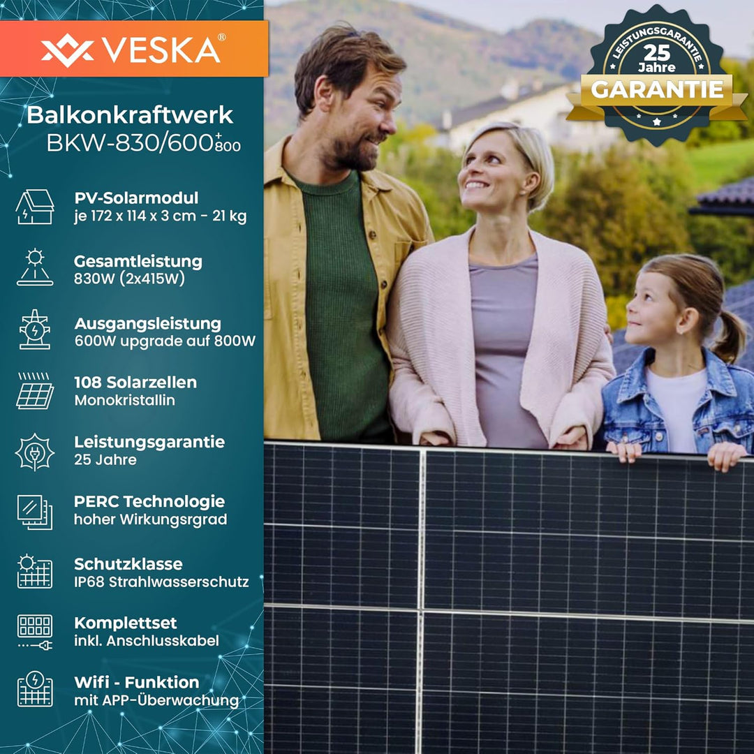 Balkonkraftwerk 830 W / 600 W Solaranlage Steckerfertig Upgradebar auf 800 Watt WiFi Smarte Mini-PV
