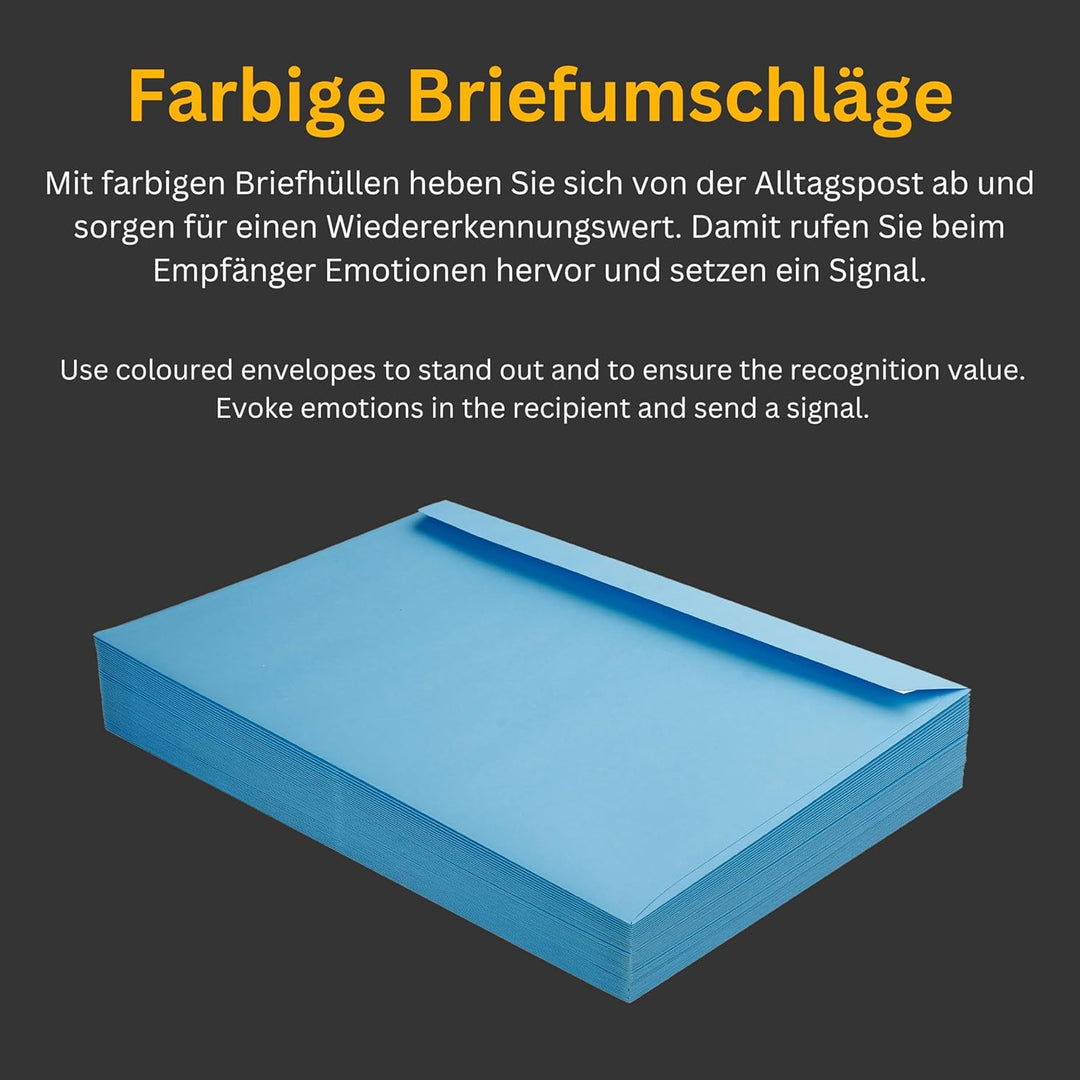 50 Stück, Farbige Briefumschläge, DIN C4, Haftklebung mit Abziehstreifen, Gerade Klappe, 130 g/qm Co