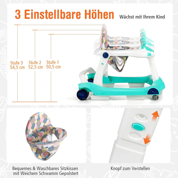 COSTWAY 2-in-1 Lauflernhilfe klappbar, Baby Walker höhenverstellbar, Gehfrei mit Musik & Licht, Lauf