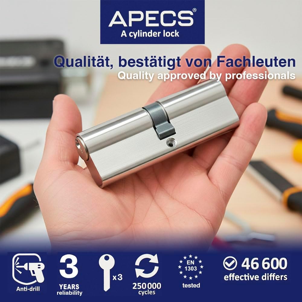 Schliesszylinder APECS Schliessbar vernickeltes Zylinderschloss Profilzylinder 40/40 mm fur Türschlo