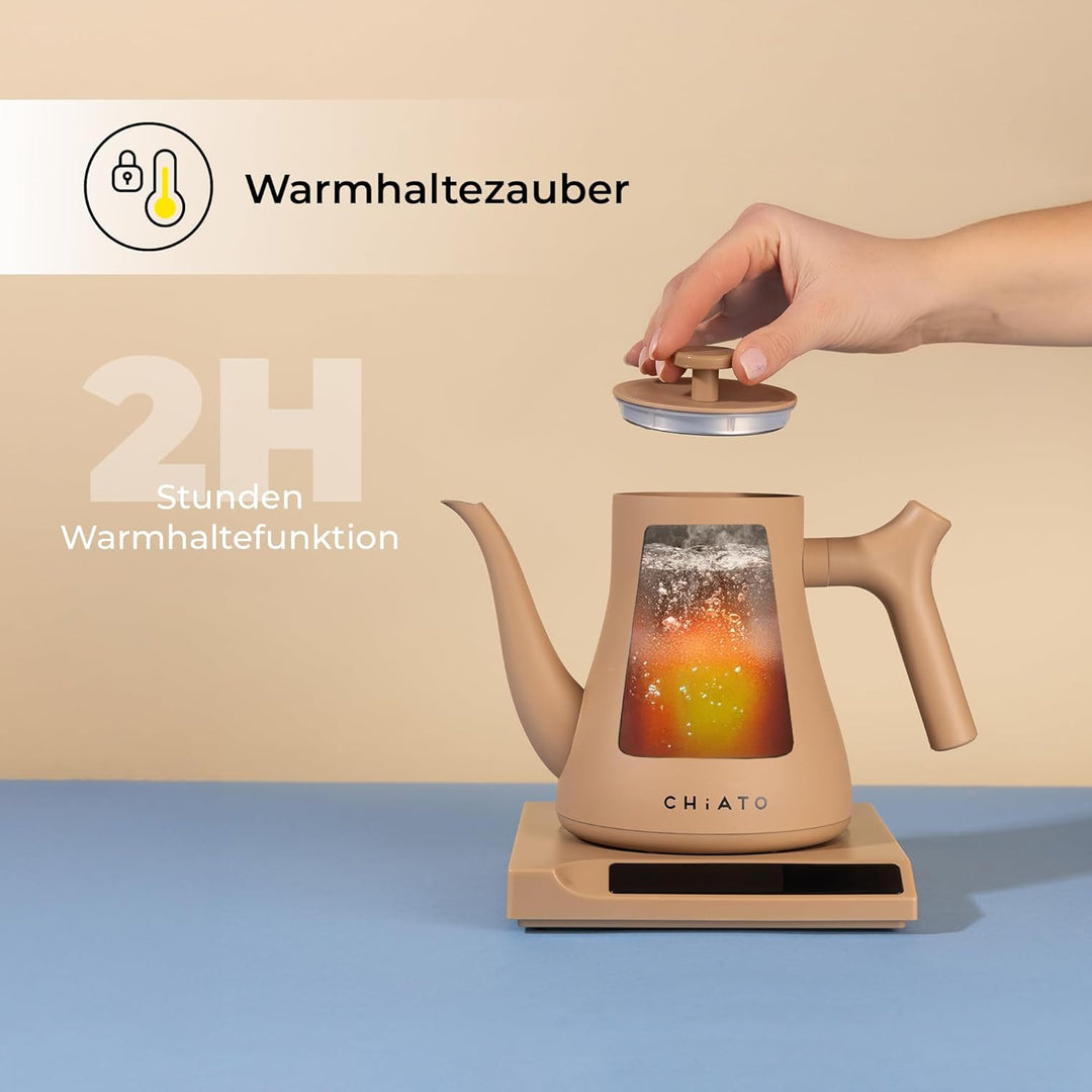 flowPLAY Wasserkocher Temperatur Einstellbar 0,6L – Kleiner Edelstahl Wasserkocher mit Warmhaltefunk
