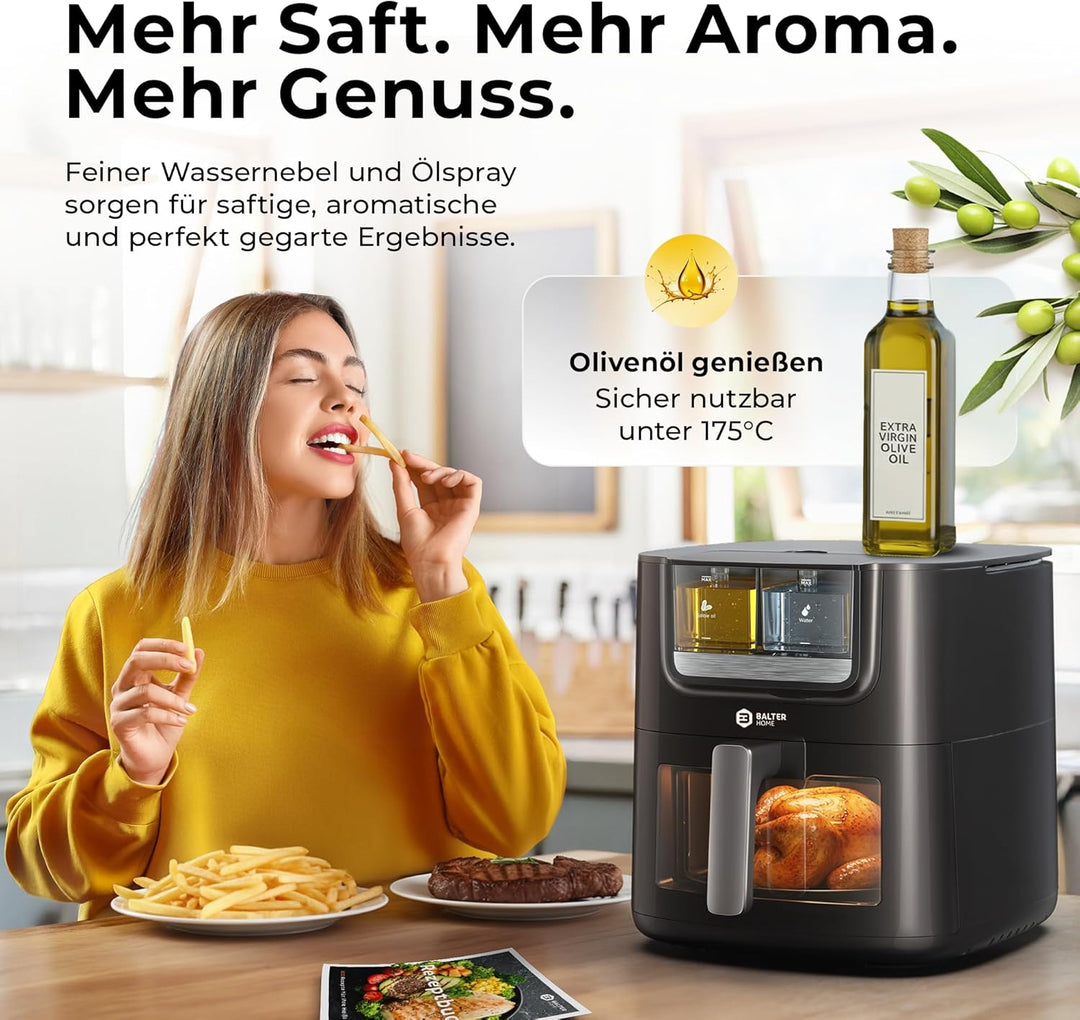 Balter Heissluftfritteuse Airfryer mit Öl- & Wasser-Spray Funktion für extra knusprige Speisen, 7,2L
