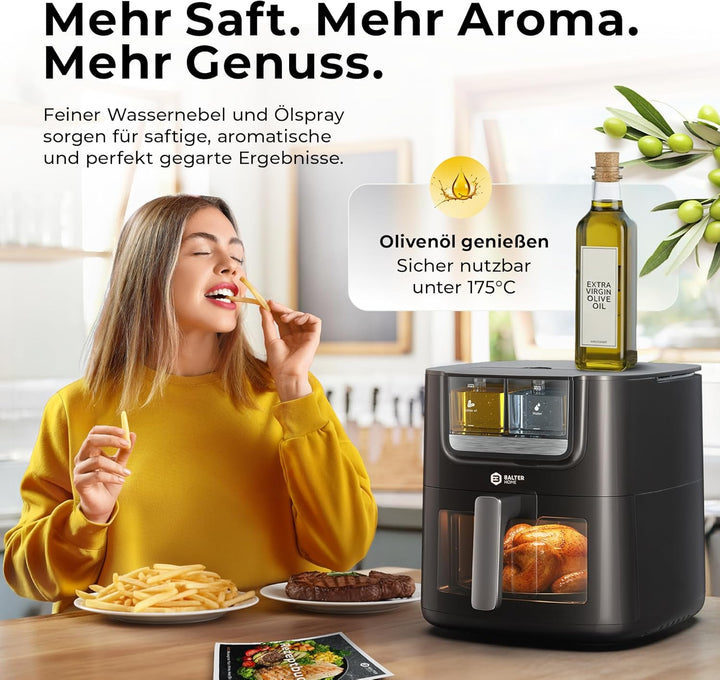 Balter Heissluftfritteuse Airfryer mit Öl- & Wasser-Spray Funktion für extra knusprige Speisen, 7,2L