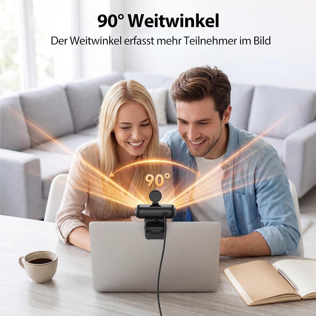 1080p Webcam mit Mikrofon &amp; Rauschunterdrückung, Full HD PC Kamera | Automatische Lichtkorrektur, 90