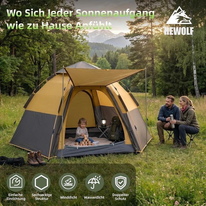 Hewolf Camping Zelt - Zelt 2/3/4 Personen Wasserdicht mit Vorzelt Familienzelt Einfache Einrichtung