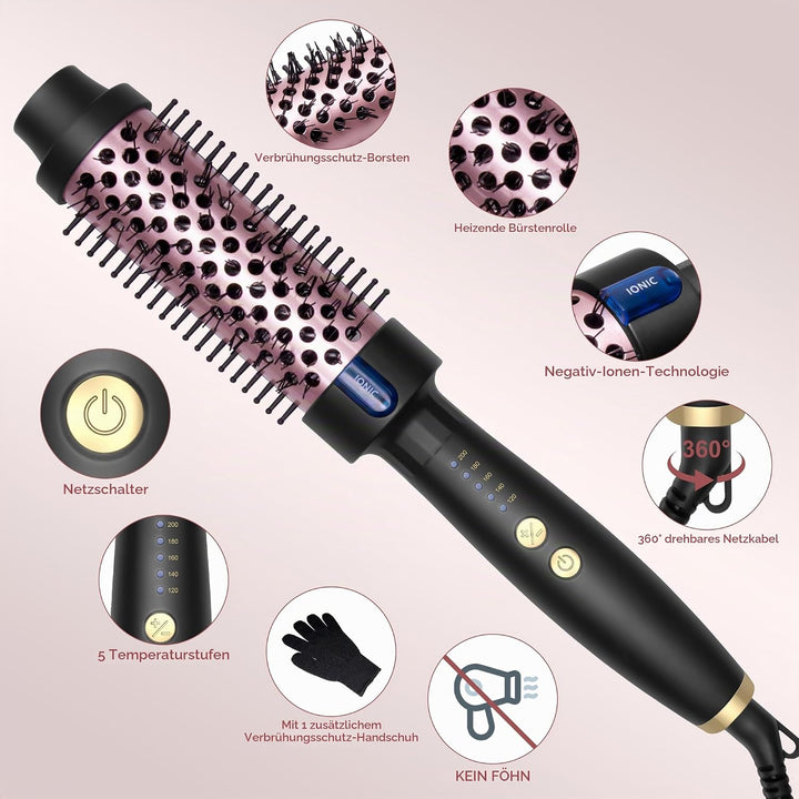 UKLISS Thermal Brush Ionen Keramik Thermobürste 38MM, 130°C-200°C mit 5 Temperaturstufen, Doppel-PTC