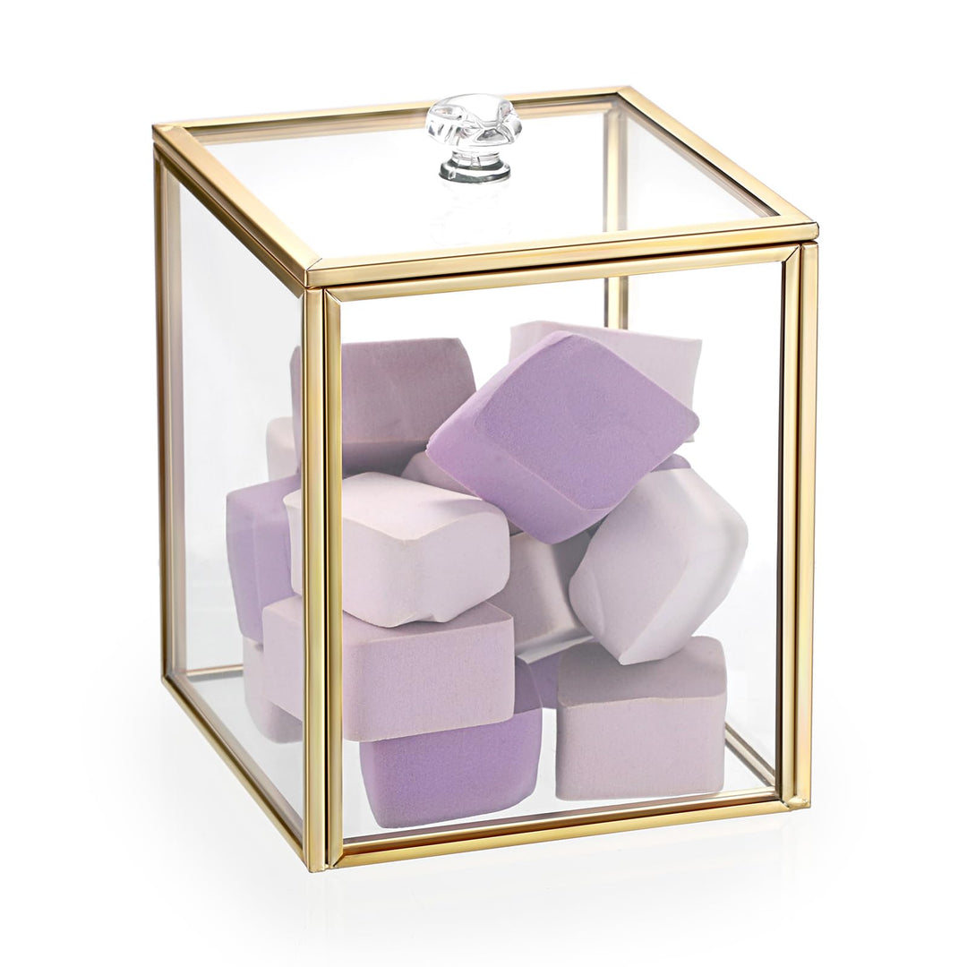 Glas Wattepad Spender Gold Wattestäbchenbehälter Wattepads Behälter Box Schmuckschatulle mit Glasdec