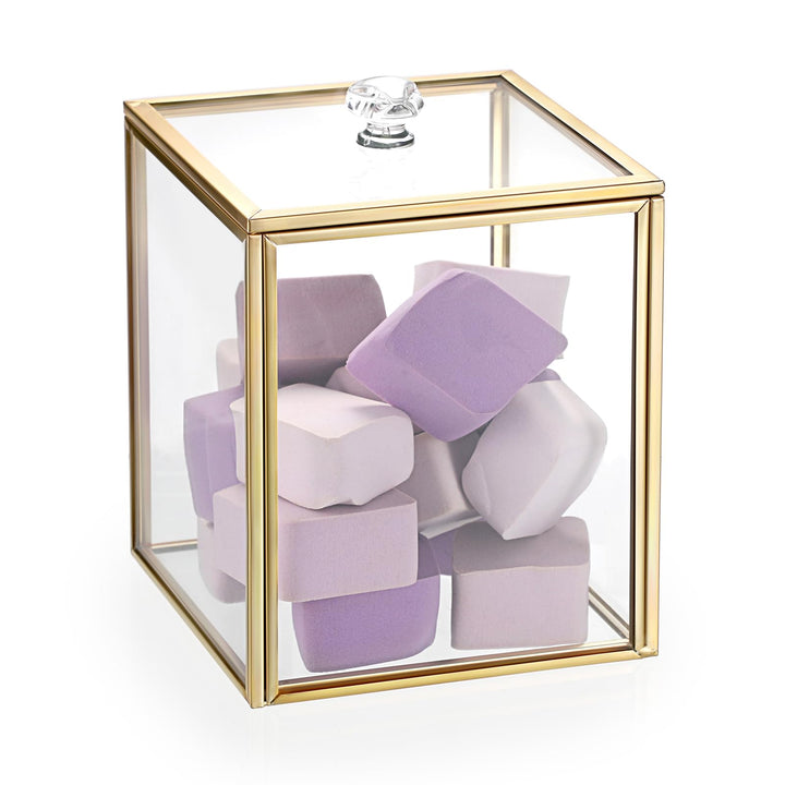 Glas Wattepad Spender Gold Wattestäbchenbehälter Wattepads Behälter Box Schmuckschatulle mit Glasdec