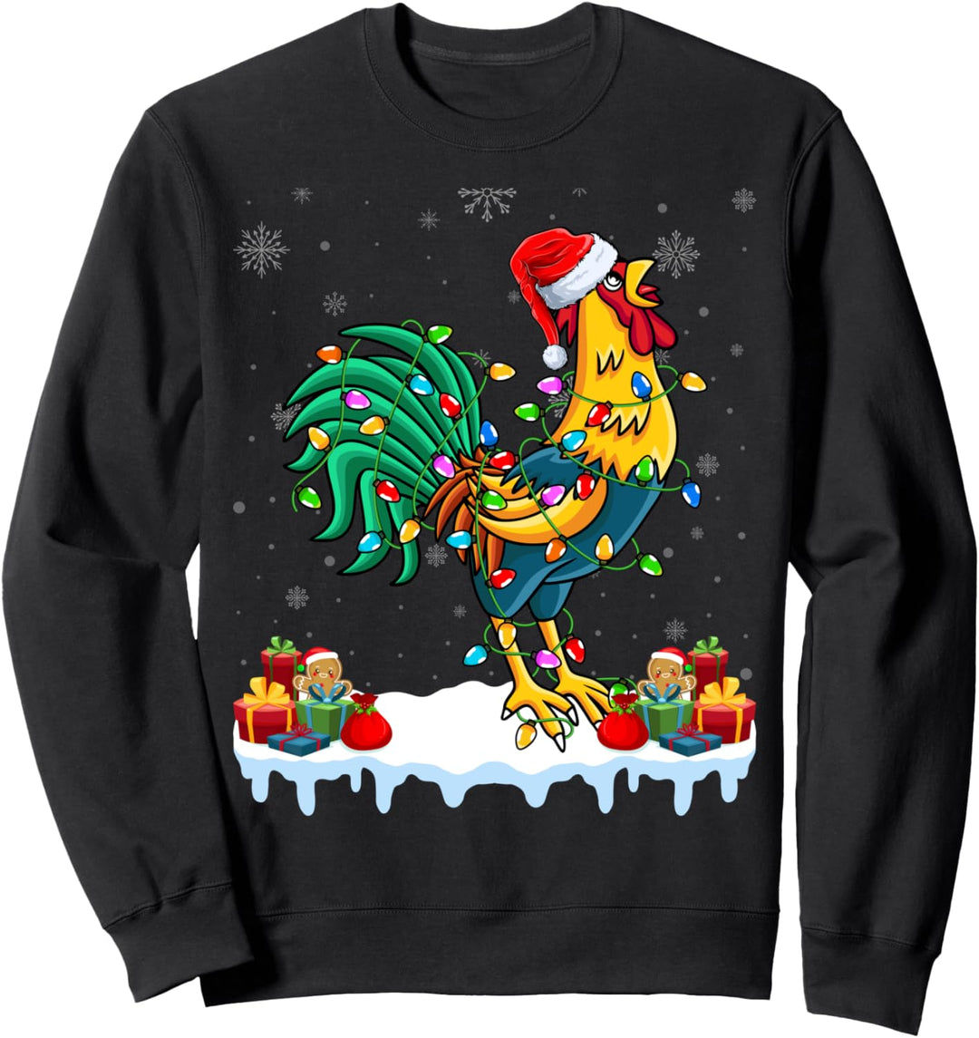 Chicken Wearing Santa Hat Xmas Lights Rooster Christmas Sweatshirt