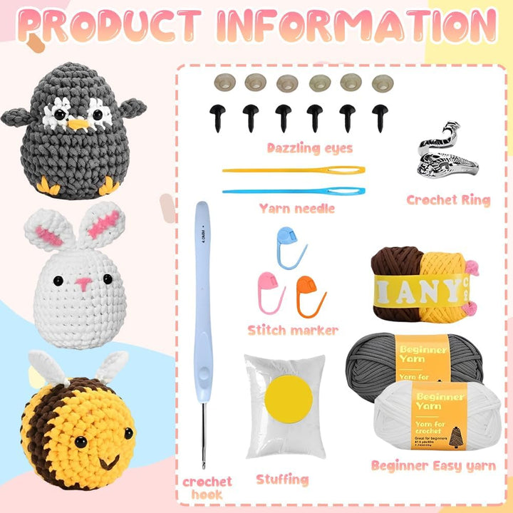 KUWUNG Häkelset für Anfänger, Crochet Set mit Zubehör, Häkelset Tiere, Häckel Kit für Anfänger für E