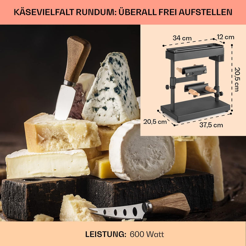 Klarstein Appenzell XL - Raclette mit Grill, 600 W, Thermostat, Heizelement aus Edelstahl, Grillfeld