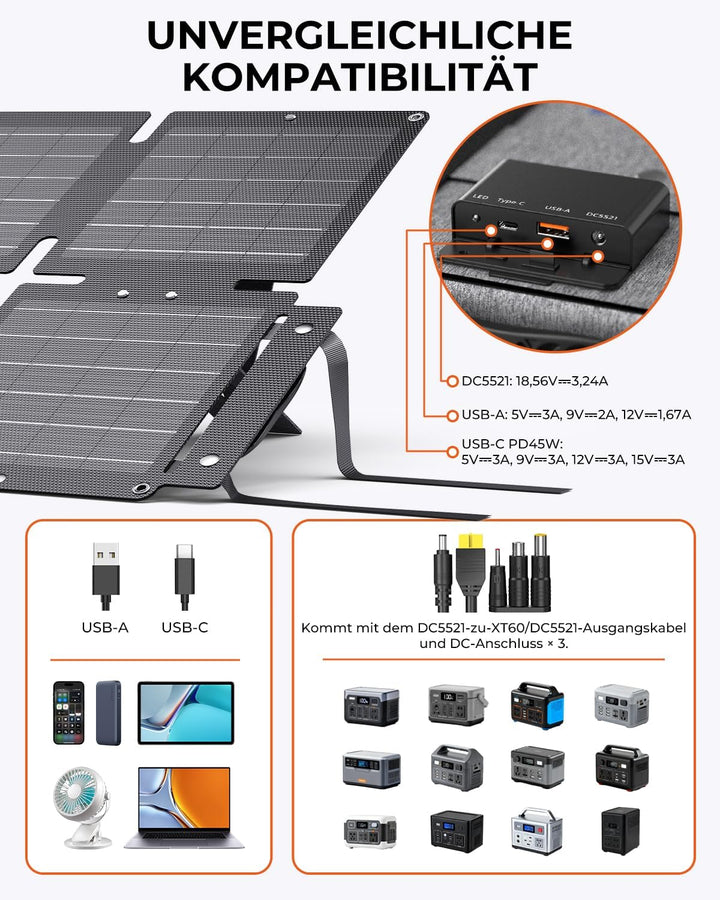 BigBlue 60W Faltbares Solarladegerät, Tragbares ETFE-Solarpanel QC3.0+PD45W+22,2V DC-Ausgang【IP68 Wa