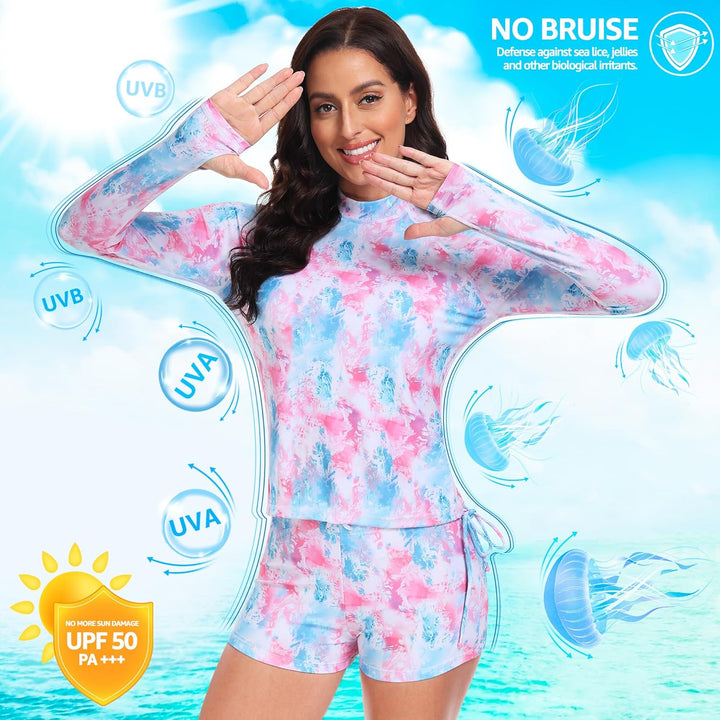 UNIQUEBELLA Rash Guard Damen, UV-Schutz UPF 50+ Langarm Surf Shirt mit Schönen Mustern Bademode Bade
