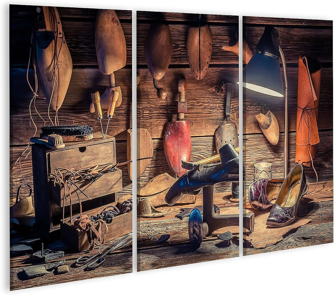 islandburner Bild auf Leinwand Vintage Schuster Arbeitsplatz Mit Pinsel Und Schuhen Bilder Wandbilde