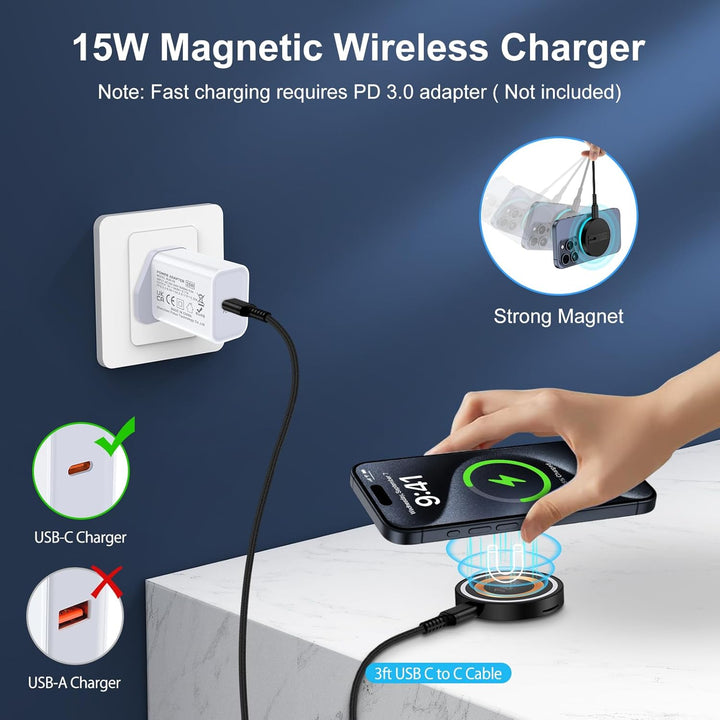 Magnetisches Wireless Charger, 15W Magsafe Kabelloses Ladegerät für iPhone 17/16/15/14/13/12, Indukt