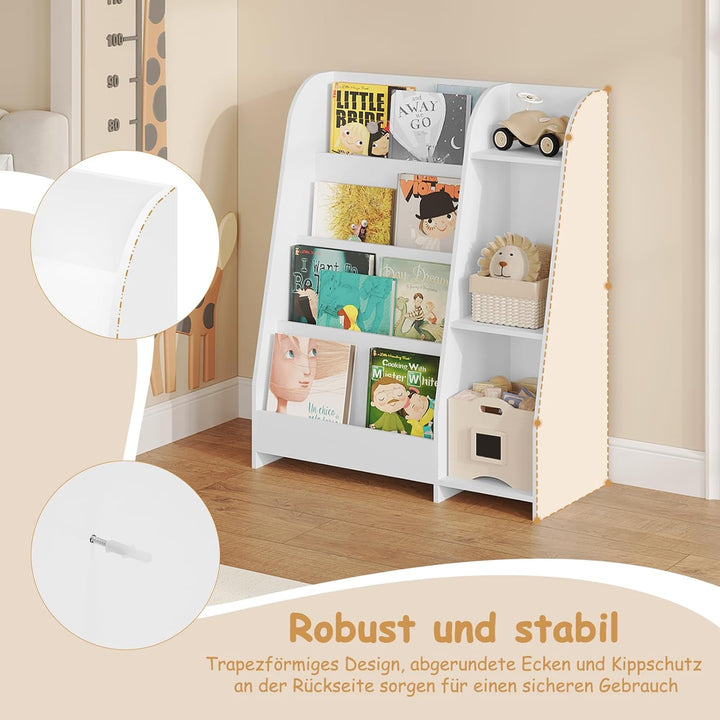 Lestarain Bücherregal Kinder, Montessori Kinderregal, Spielzeugregal, mit 4 Regalebenen und 3 Fächer