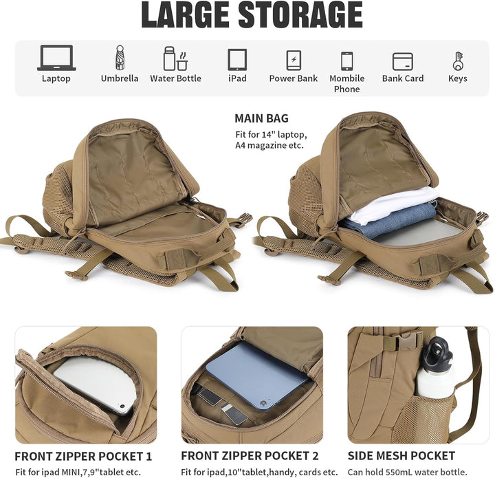 VINBAGGE Rucksack Taktischer Motorrad Wanderrucksack Outdoor Wasserdicht Trekkingrucksack 25L Campus