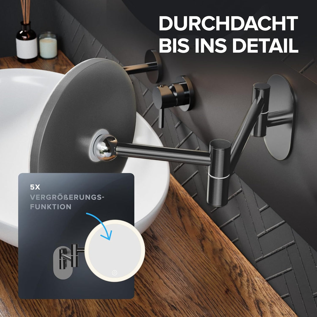 ovimar Kosmetikspiegel Ringstind Gunmetal | mit Beleuchtung | wiederaufladbar | Wandmontage ohne Boh