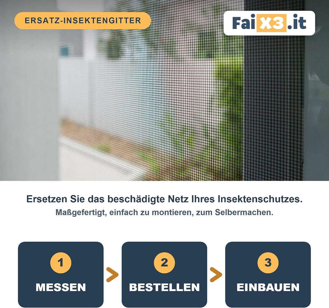FaiX3.it - Ersatznetz für Fliegengitter, Massanfertigung, Farbe grau, verstärkte Kanten und winddich